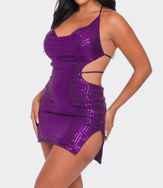 Glisten Sequin Open Back Halter Mini Dress