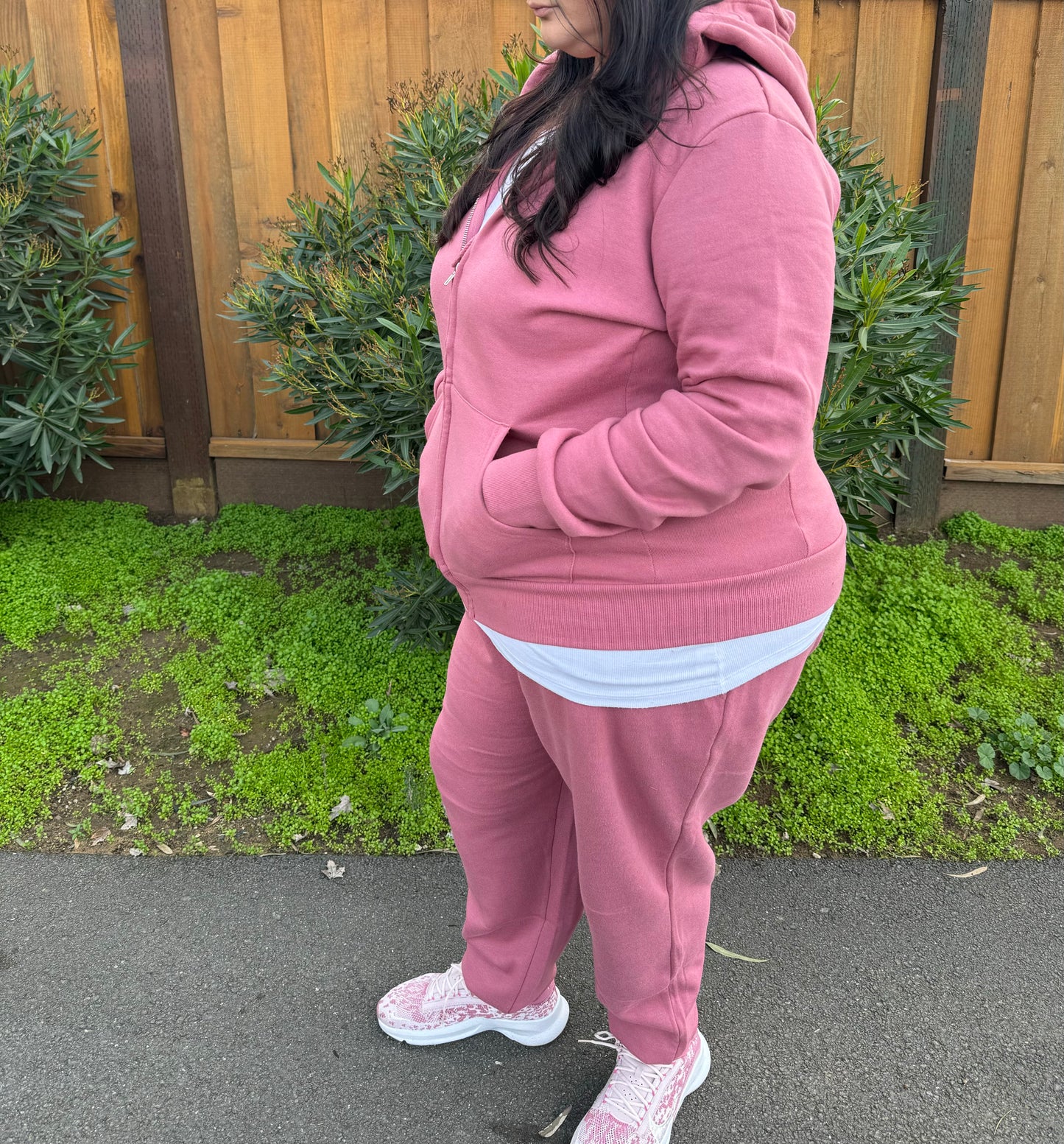 I Just Wanna Chill Zip-Up Fleece Jogger Hoodie Set (Dusty Pink) Plus Size