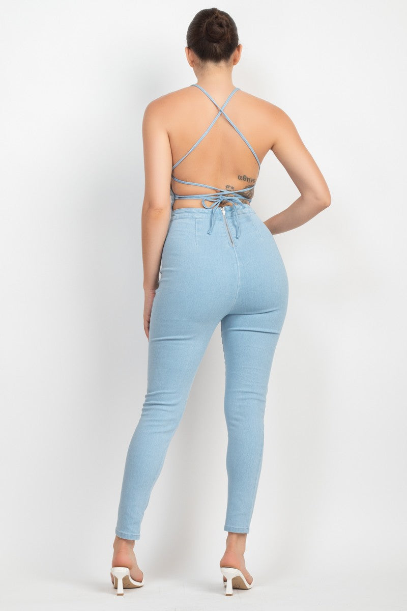 Love Don’t Cost a Thing Halter Denim Jumpsuit