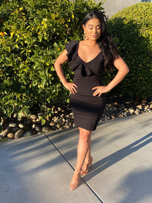 "Jessica" One Shoulder Ruffle Deep V-Neck Midi Dress (black)