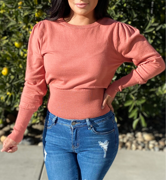 Ribbed Puff Sleeve Mock Neckline Sweater Top