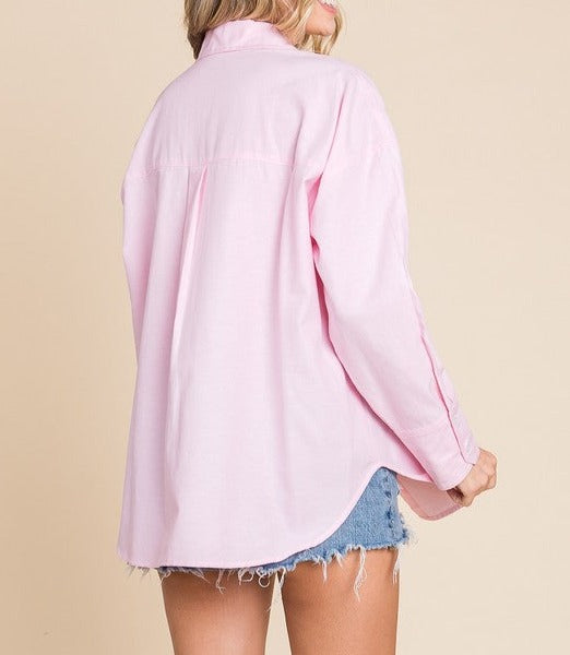 I Totally Dig You Oversized V neck Collared Long Sleeve Oxford Shirt