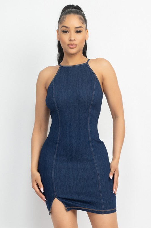 Denim Dreams Halter Open-Back Slit Denim Mini Dress