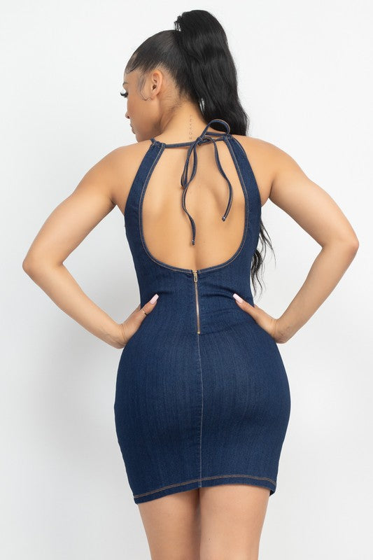 Denim Dreams Halter Open-Back Slit Denim Mini Dress