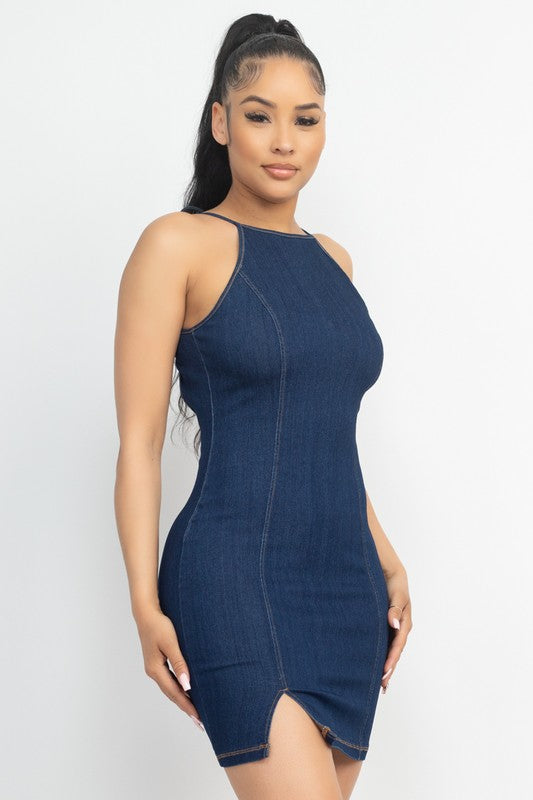 Denim Dreams Halter Open-Back Slit Denim Mini Dress