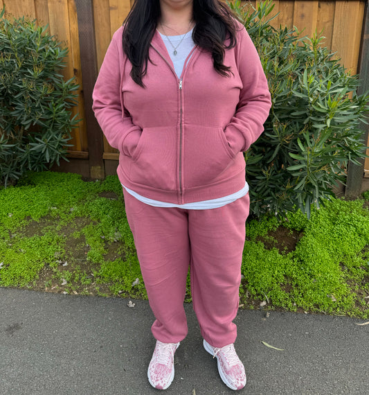 I Just Wanna Chill Zip-Up Fleece Jogger Hoodie Set (Dusty Pink) Plus Size