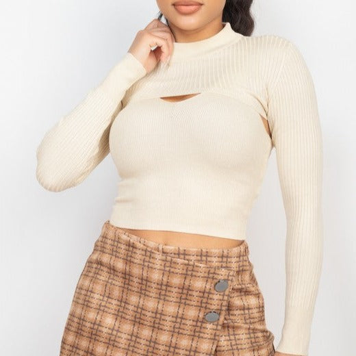 Layers To My Heart Ribbed Crop Top and Mock Shrug Sweater Set