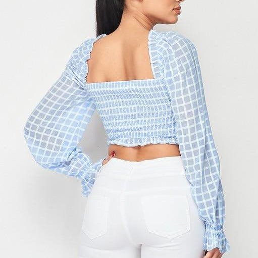 Claire Checkered Pattern Ruched and Ruffled Crop Top