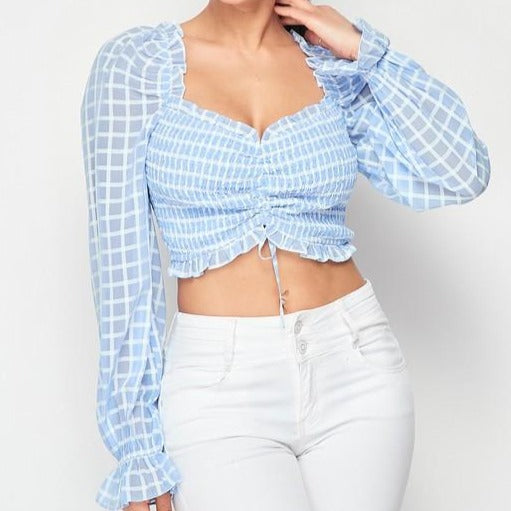 Claire Checkered Pattern Ruched and Ruffled Crop Top
