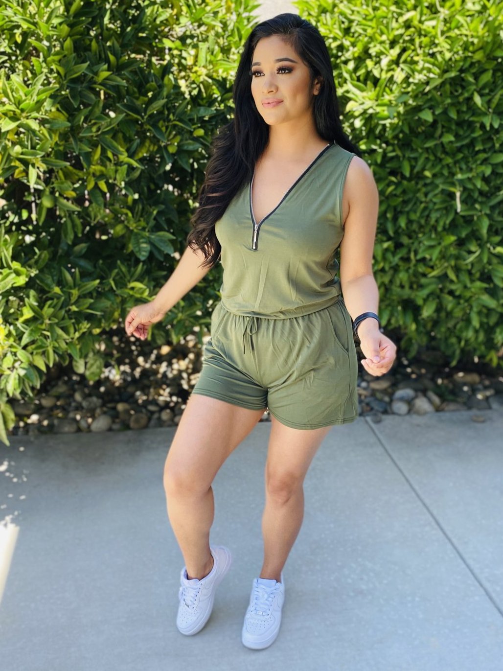 Out All Day Zipper V-Neck Short Sleeve Pocketed Romper (forest green)