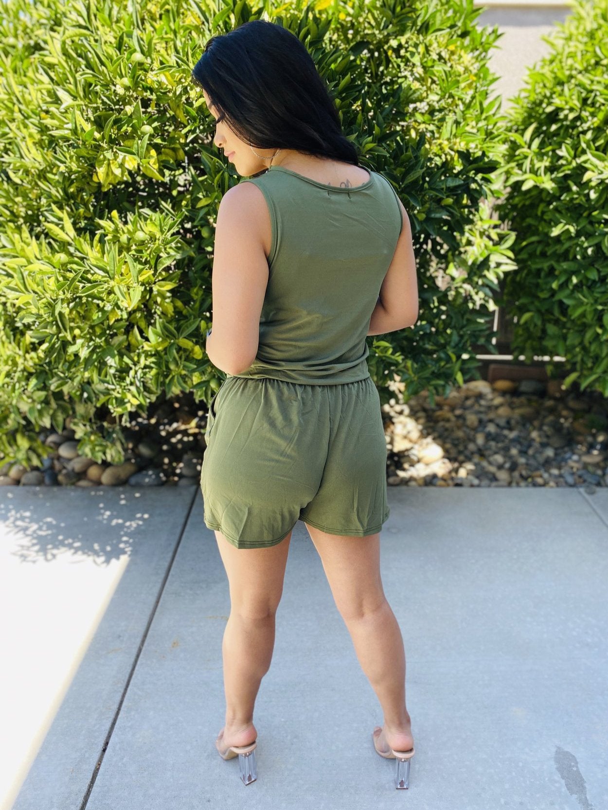Out All Day Zipper V-Neck Short Sleeve Pocketed Romper (forest green)